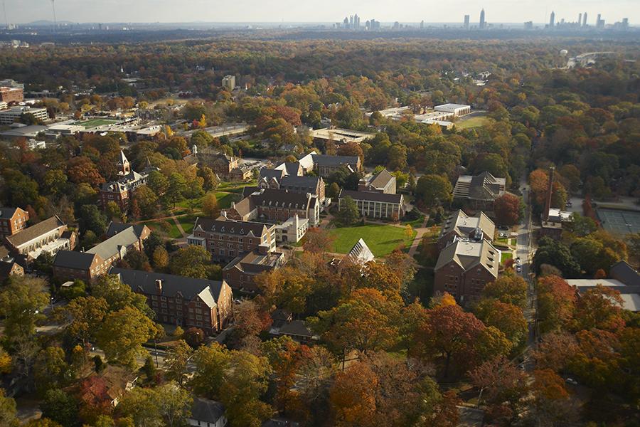 An overhead view of Agnes Scott's campus, which is available to visit and tour.